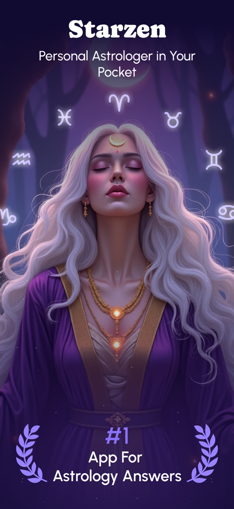 Starzen - Astrology & Tarot - A serene woman with white hair and mystical attire surrounded by glowing zodiac symbols on the Starzen app interface.