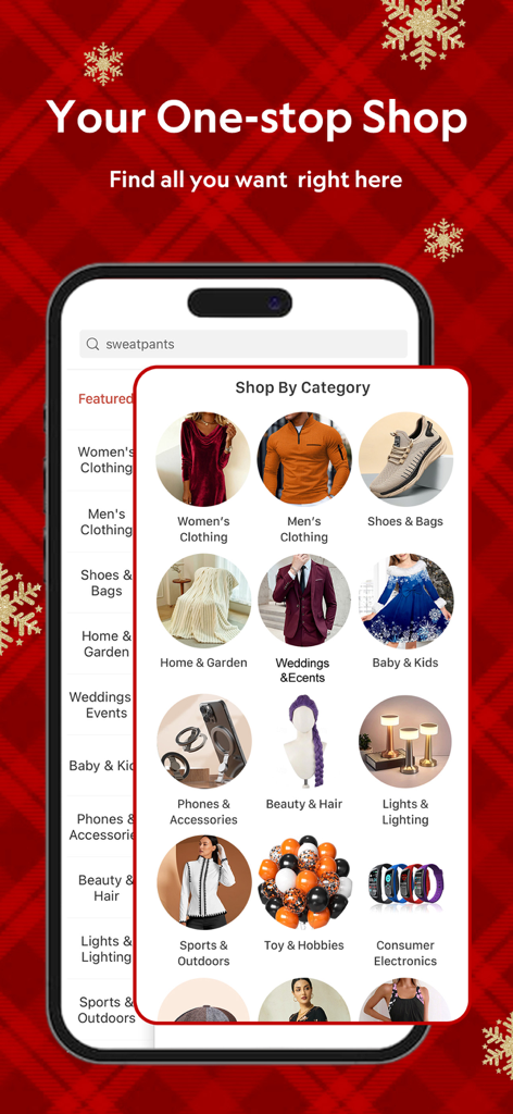 Una captura de pantalla de la aplicación móvil LightInTheBox que muestra un menú Comprar por categoría con iconos de ropa, hogar y tecnología sobre un fondo festivo de cuadros escoceses rojos.