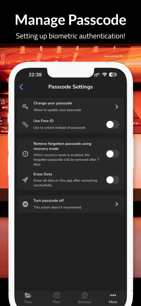 Security settings screen in the File Manager app featuring Face ID and passcode management options in dark mode.