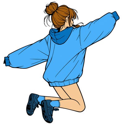 realistic girl jumping with a bun and oversized sweatshirt