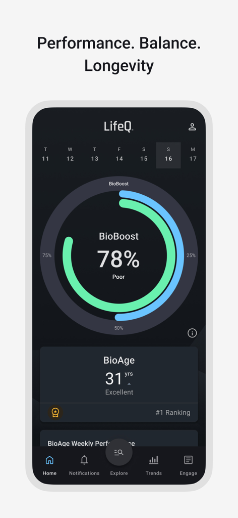 LifeQ Health - LifeQ Health app dashboard showing BioBoost score and BioAge metric