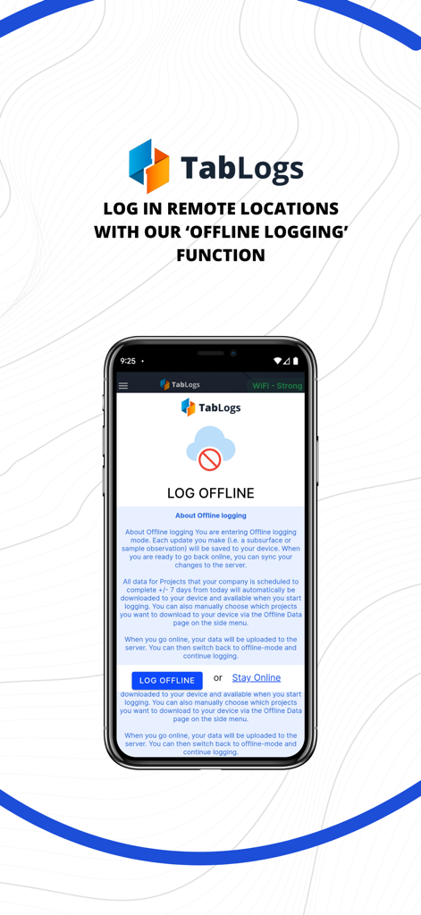 TabLogs - TabLogs mobile app screen showing the offline logging function for remote site data collection