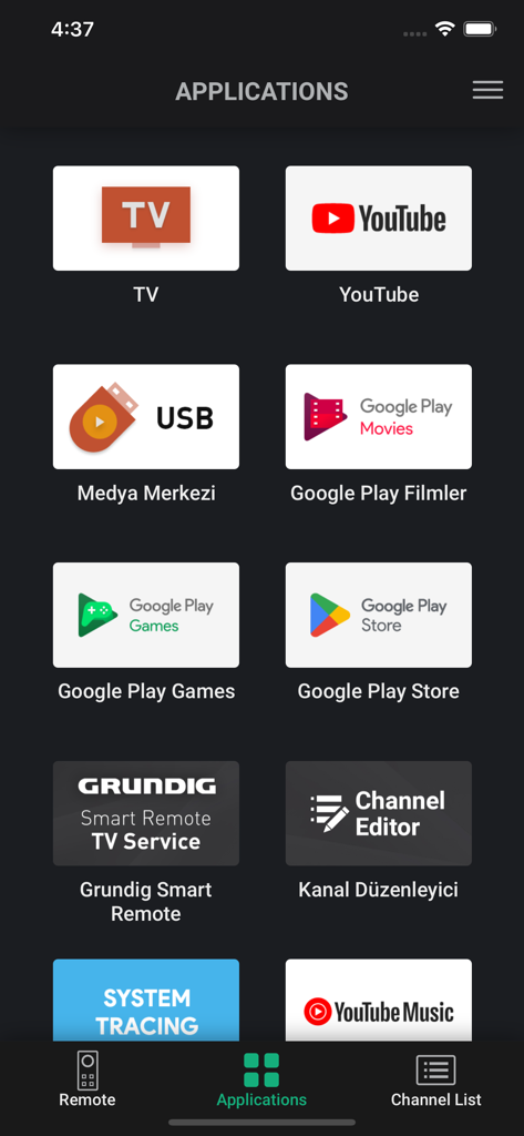 Grundig Smart Remote app interface showing a grid of television applications including YouTube and Google Play