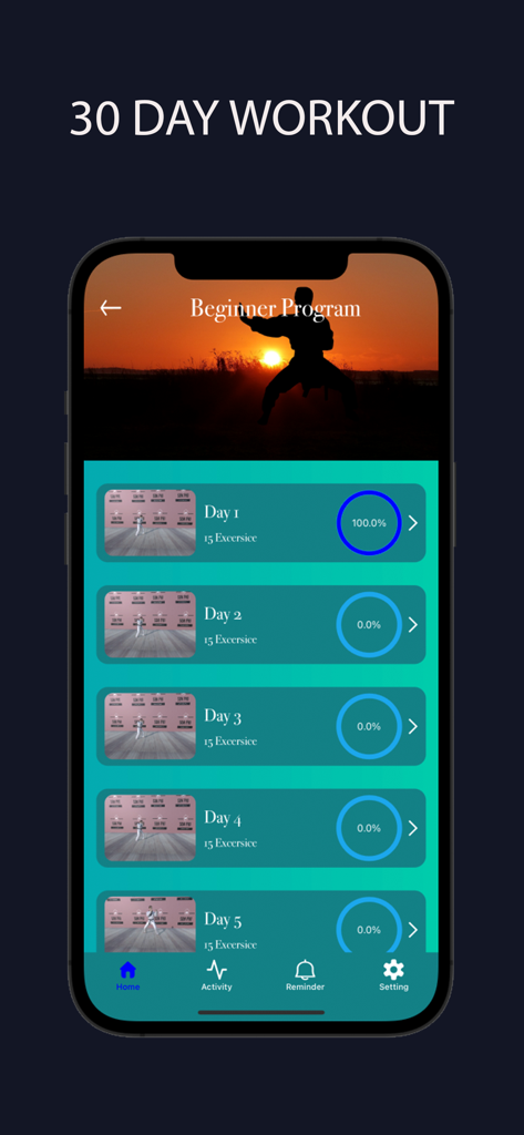 Martial Arts Trainer at home - Smartphone displaying the 30-day martial arts beginner training program