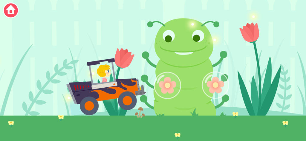 A cartoon boy driving a monster truck with orange flames in a garden next to a friendly giant green caterpillar.