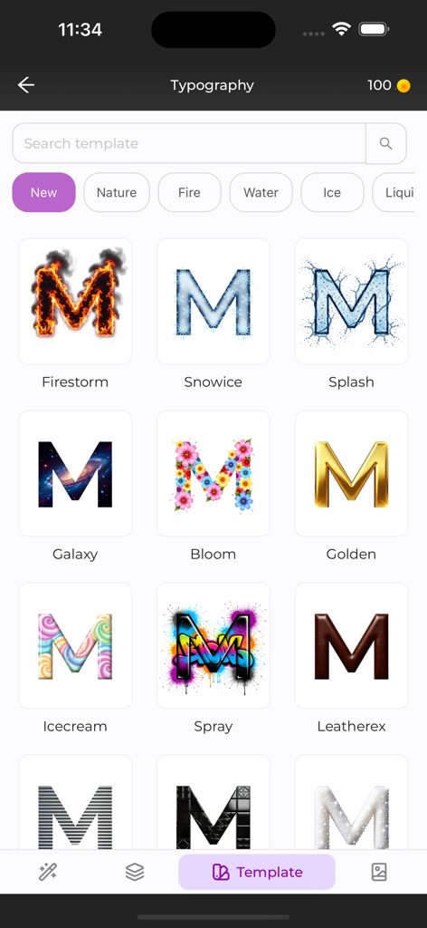 MOJO AI - MOJO AI app interface showing a selection of artistic typography styles for the letter M including fire galaxy and floral themes