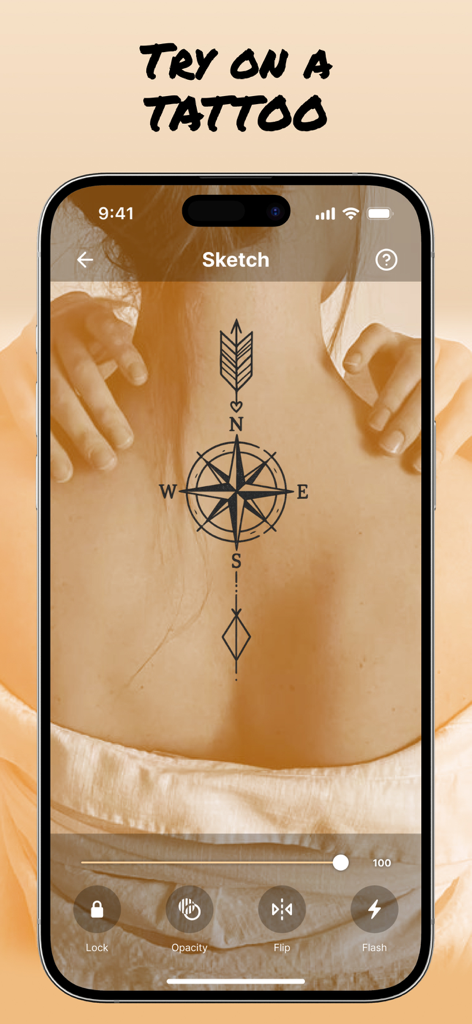 AR Draw: Sketching & Painting - La aplicación AR Draw muestra una vista previa virtual de un tatuaje de brújula en la espalda de una persona