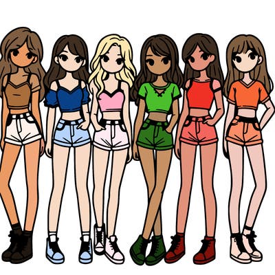 a group of girls wearing crop tops and shorts