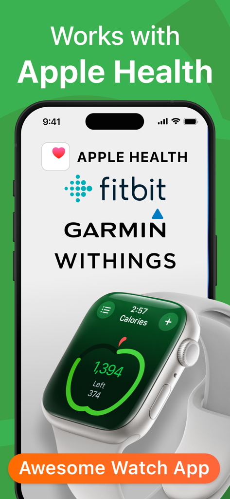 MyNetDiary app showing integration with Apple Health, Fitbit, Garmin, and an Apple Watch calorie tracking interface