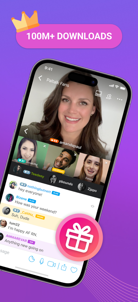 Paltalk: Chat, Meet New People - Paltalkアプリのスクリーンショット。ライブグループビデオチャットセッションとテキストメッセージフィードを特徴としています。