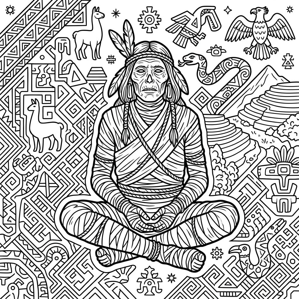 Inca Mummy Coloring Page: Ancient Andes Cultural Art