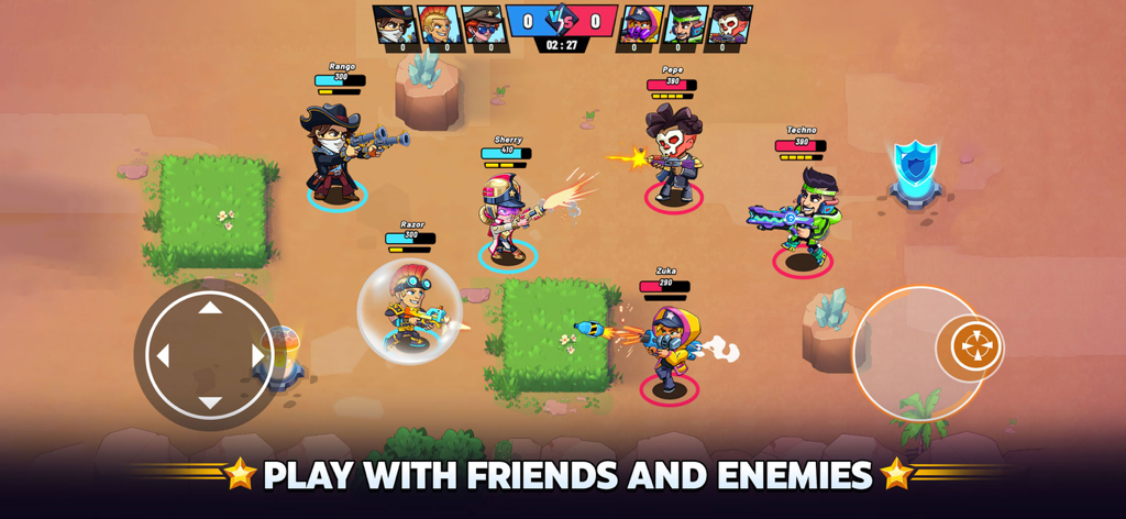 Battle Stars: 4v4 TDM & BR - Draufsicht auf Charaktere, die in einem 4v4 Team-Deathmatch im Battle Stars Helden-Shooter kämpfen.