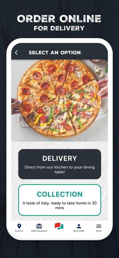 Panarottis app interface showing delivery and collection options with a pizza image