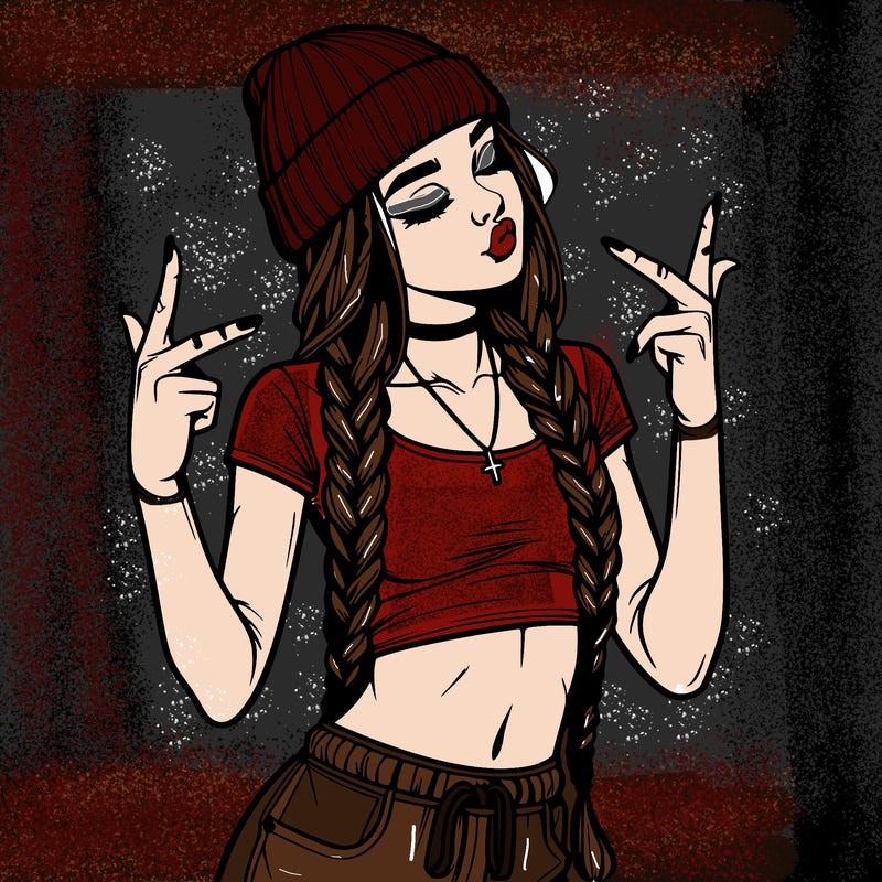 realistic teenage girl with braids and a beanie and crop top doing 🫶🏼