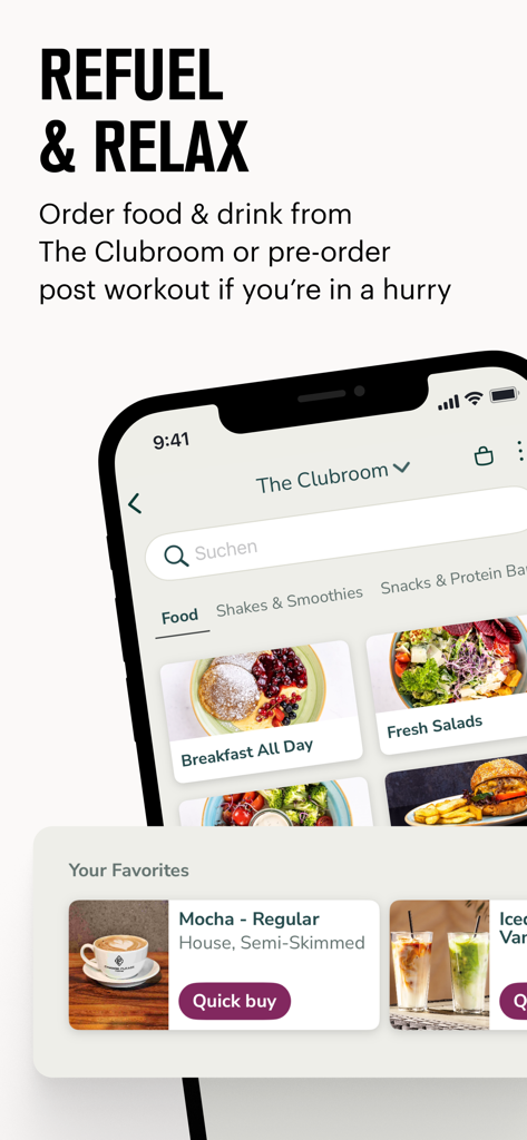 David Lloyd Clubs app interface for ordering food and drinks from the Clubroom.