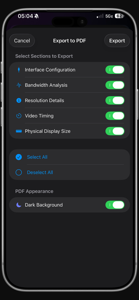 ResEditor app screenshot showing the Export to PDF screen with options to include interface configuration, bandwidth analysis, and video timing in technical reports.