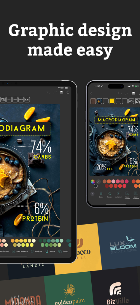 Logo Maker: Art Design Creator - Mobile app interface showing graphic design editing tools and various professional logo templates.