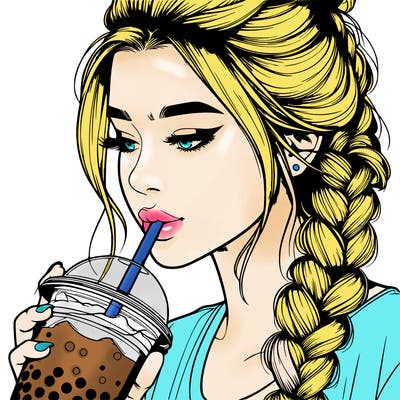 realistic girl drinking boba tea with braided hair