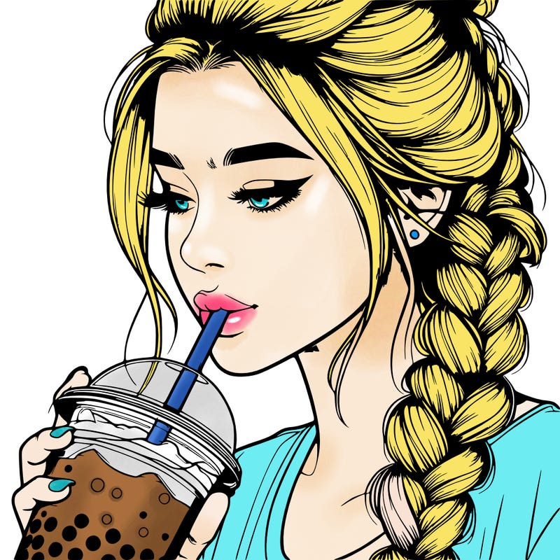 realistic girl drinking boba tea with braided hair