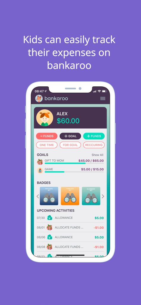 bankaroo virtual bank for kids - Screenshot of Bankaroo app interface showing a child's balance and savings goals