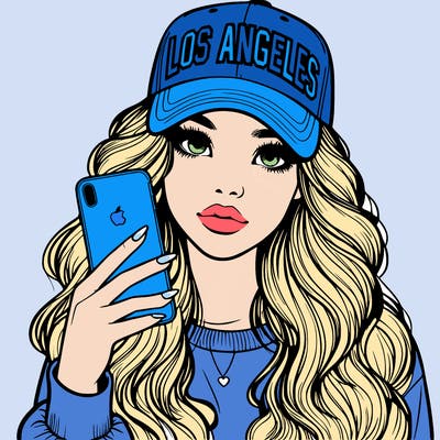 realistic beautiful girl wearing los ángeles cap holding an iphone