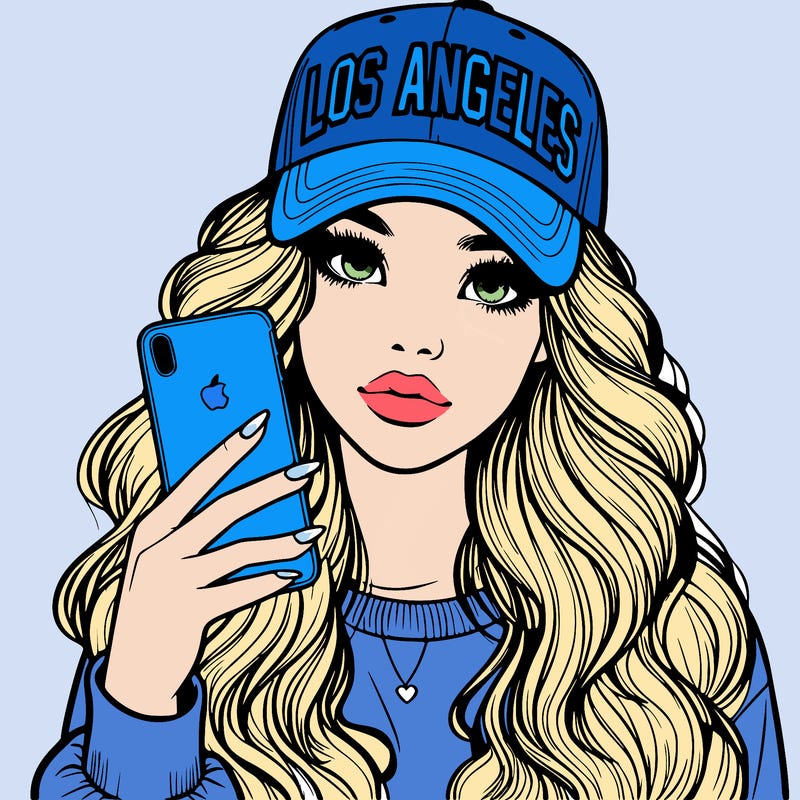 realistic beautiful girl wearing los ángeles cap holding an iphone