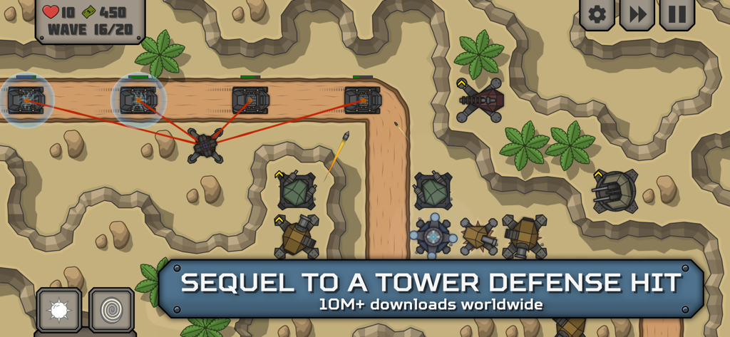 Tactical War 2: Tower Defense - Tactical War 2 Tower Defense gameplay showing laser towers attacking tanks on a military strategy map