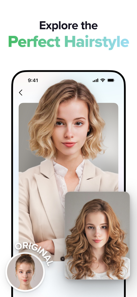 AI app interface showing a woman trying on different hairstyles