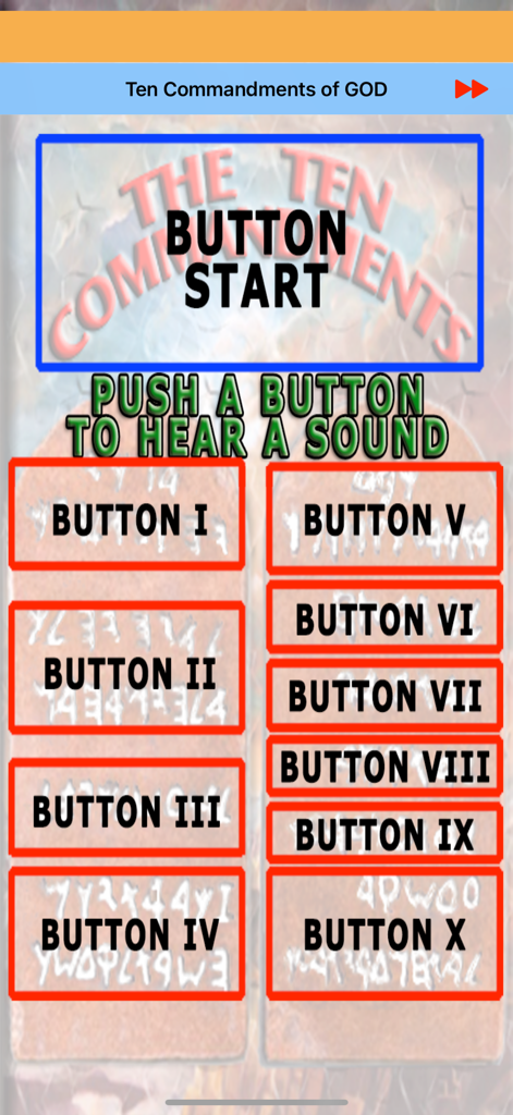 THE TEN COMMANDMENTS OF GOD. - Interface of the Ten Commandments of God app with buttons for each commandment