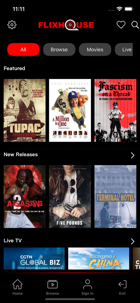 FlixHouse - FlixHouse mobile app interface showing featured indie movies and live TV channels