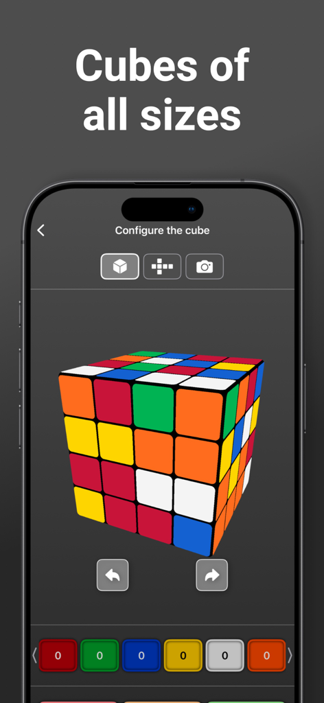 A mobile app interface displaying a 4x4 rubix cube for configuration and solving