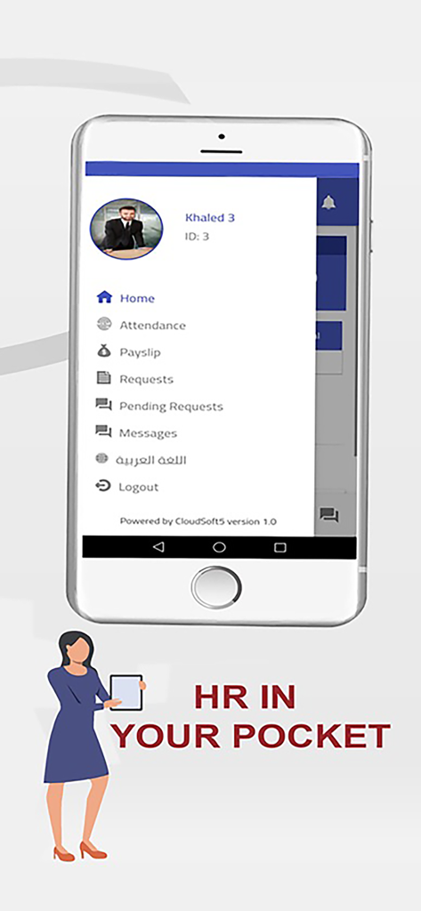 HR ERP+ - Smartphone screen showing the HR ERP+ mobile app side menu with employee profile and business functions like attendance and payslip.
