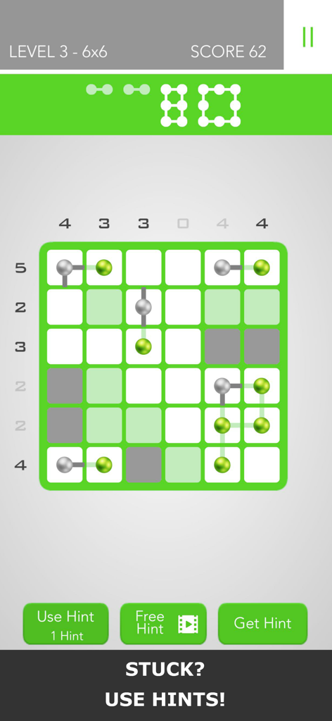 Logic Dots 2 - A 6x6 logic puzzle grid in Logic Dots 2 with connecting green and grey dots