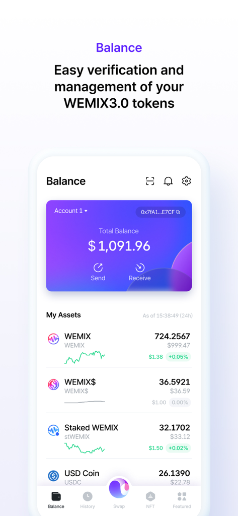 WEMIX Wallet - WEMIX Wallet dashboard showing account balance and detailed asset list