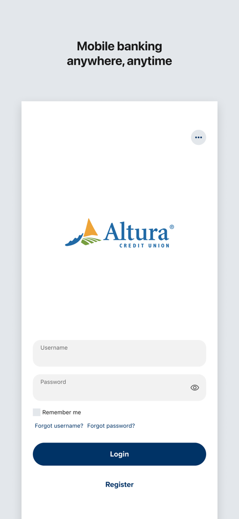 Altura Credit Union Mobile App - Login screen of the Altura Credit Union mobile banking app featuring username and password fields