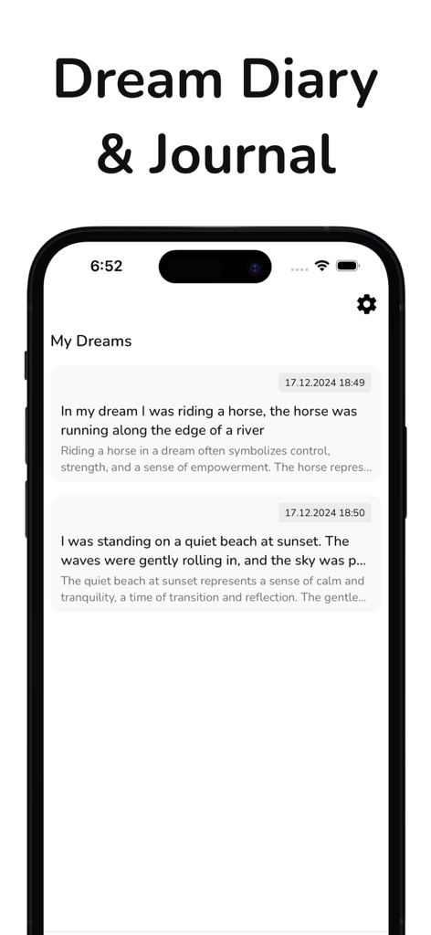 AI Dream Interpretation Diary - Mobile screen displaying a list of recorded dreams with AI-generated interpretations and dates.