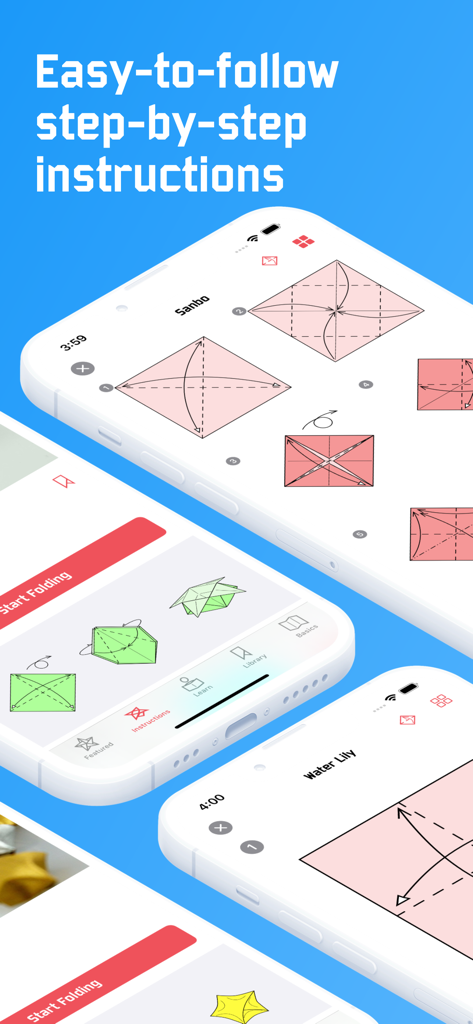 Mobile app interface displaying easy to follow step by step origami folding diagrams and instructions