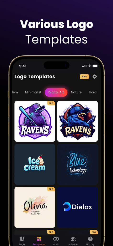 A mobile interface of the Arvin app showing a grid of diverse AI-generated logo templates across various styles like digital art and minimalist.