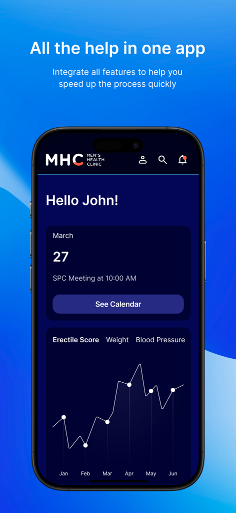 Panel de la aplicación móvil Men's Health Clinic que muestra un gráfico de seguimiento de salud y horario de citas.