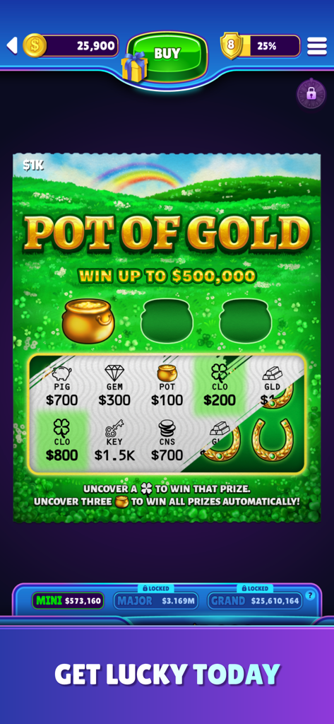 A screenshot of the Jackpot Scratchers mobile game featuring a Pot of Gold themed digital scratch-off lottery ticket.
