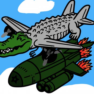 crocodile mixed with airplane with a nuke below it