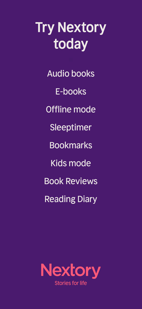 Nextory: Audiobooks & E-books - Uma lista de recursos do aplicativo Nextory incluindo audiolivros, e-books, modo offline, temporizador de sono e modo infantil em fundo roxo