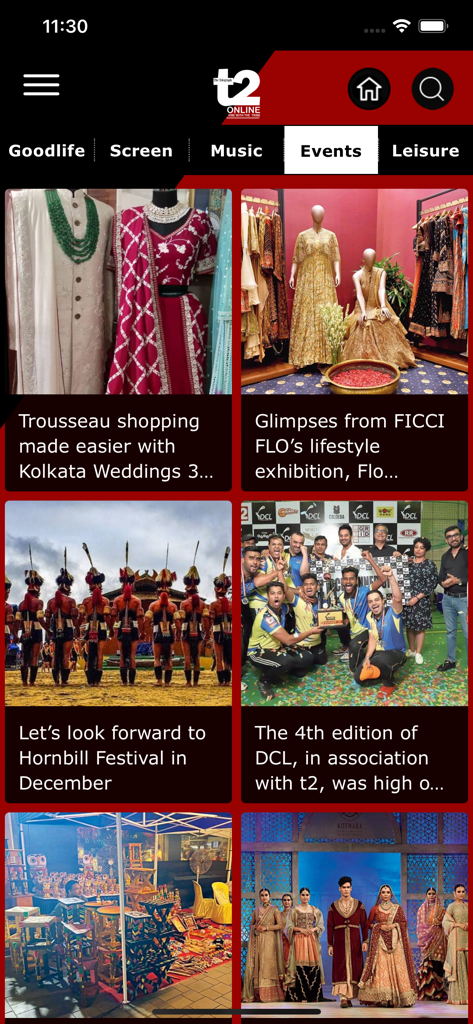 t2 online - The Events tab of the t2 online app featuring lifestyle and cultural news from India.