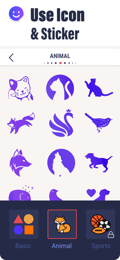さまざまな紫色の動物アイコンやステッカーを示すLogo Creatorアプリのインターフェース