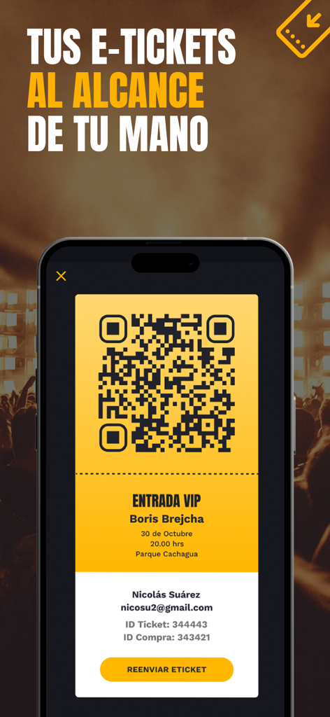 Passline App - Smartphone screen showing a digital VIP ticket with a QR code on the Passline app