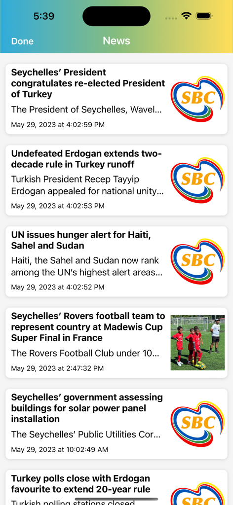SBC Radio - SBC Radio app screen showing a list of news headlines from Seychelles and around the world