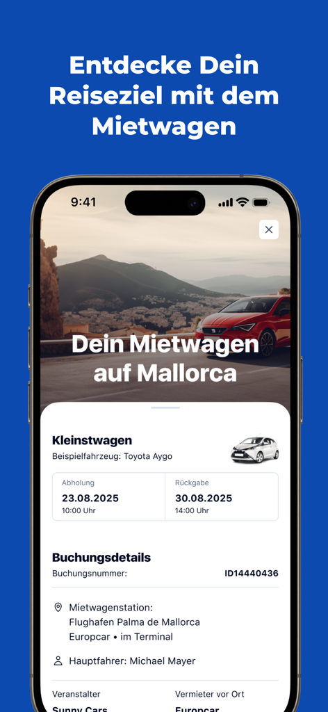 HolidayCheck - Travel & Hotels - Pantalla de la aplicación HolidayCheck que muestra los detalles de reserva del coche de alquiler para Mallorca con fechas de recogida y devolución.
