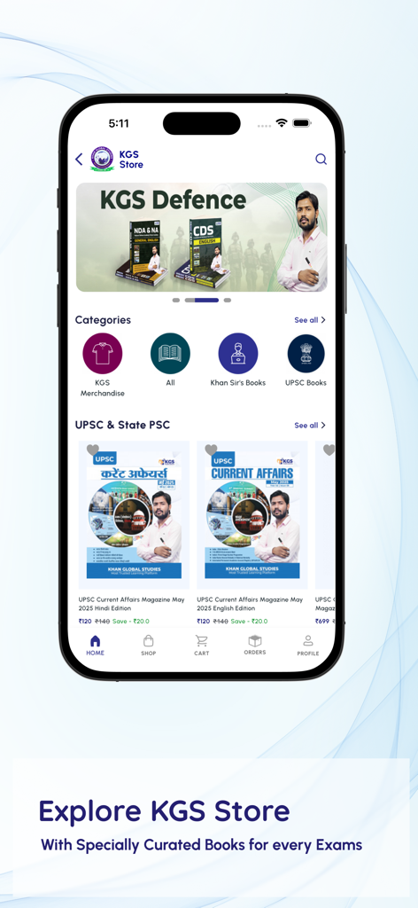 Khan Global Studies - KGS Store interface featuring curated books and current affairs magazines for UPSC and defense exam preparation.