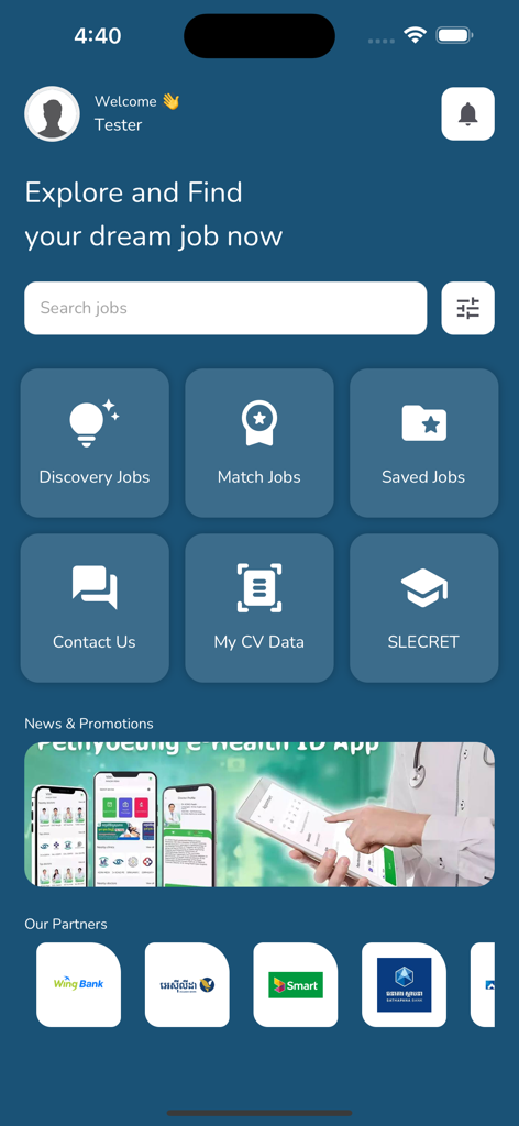 The Jobify mobile app dashboard featuring job search and categories like Discovery Jobs and Match Jobs for IT professionals.