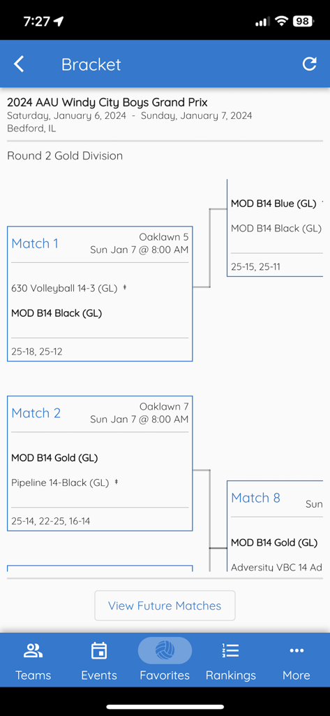 Mobile app screen showing a youth volleyball tournament bracket with match schedules and results